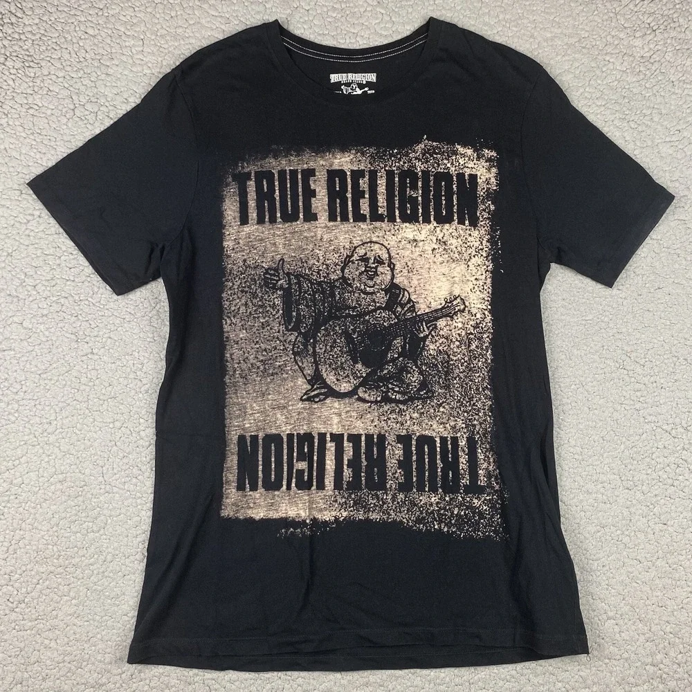 True Religion Men's Buddha T-Shirt All Over Big Graphic Pushprint Crew Neck Tee‎